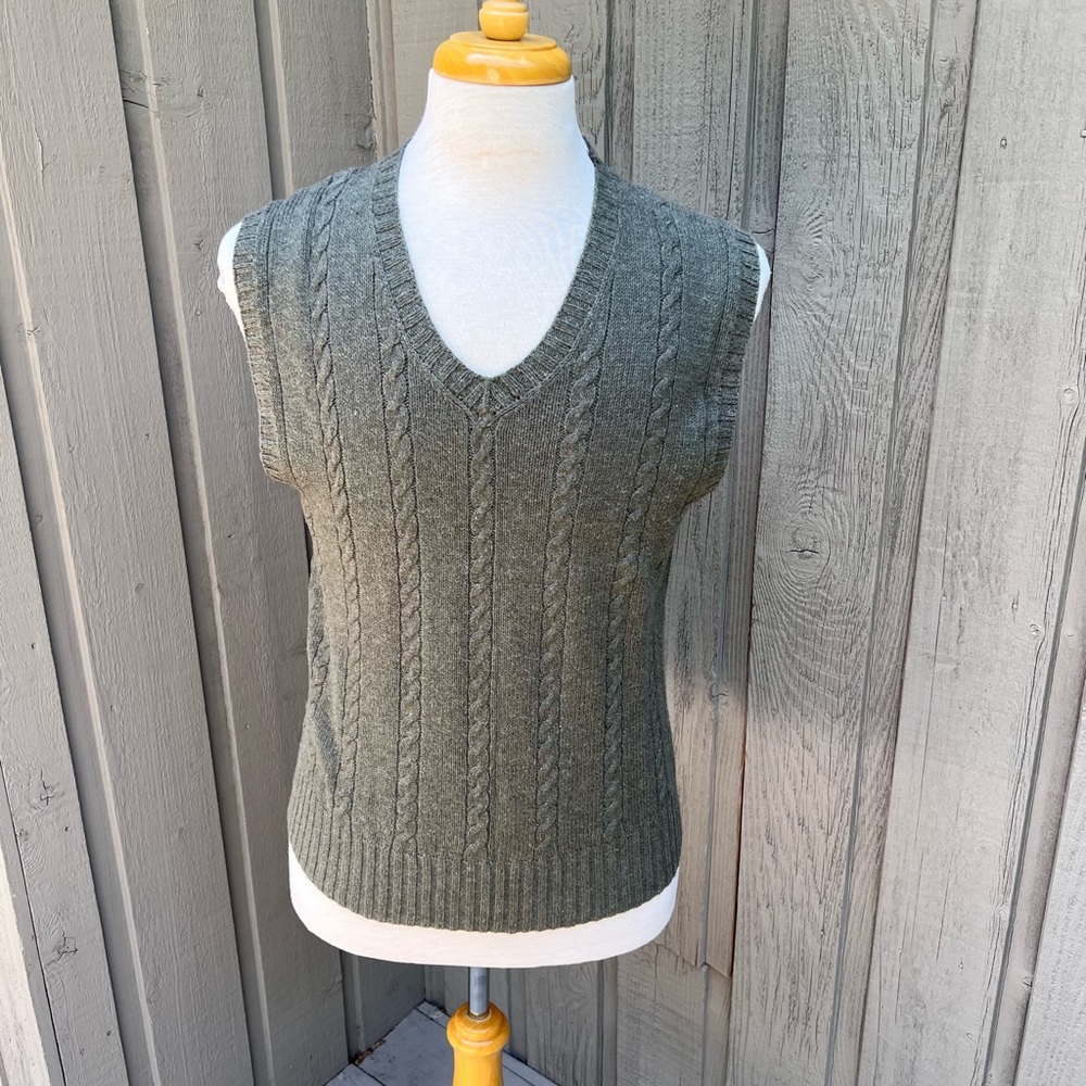 Polo Ralph Lauren Gray Green Cable Hand Knit Sweater Vest